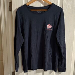 Vineyard Vines Navy Long-Sleeve Pocket Tee with Pink Whale Logo